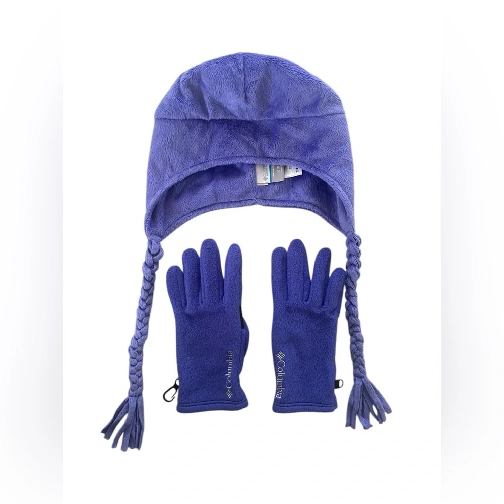 Columbia Youth Purple Winter Fleece Gloves and Winter Hat Ear Cap Unisex Kid Set